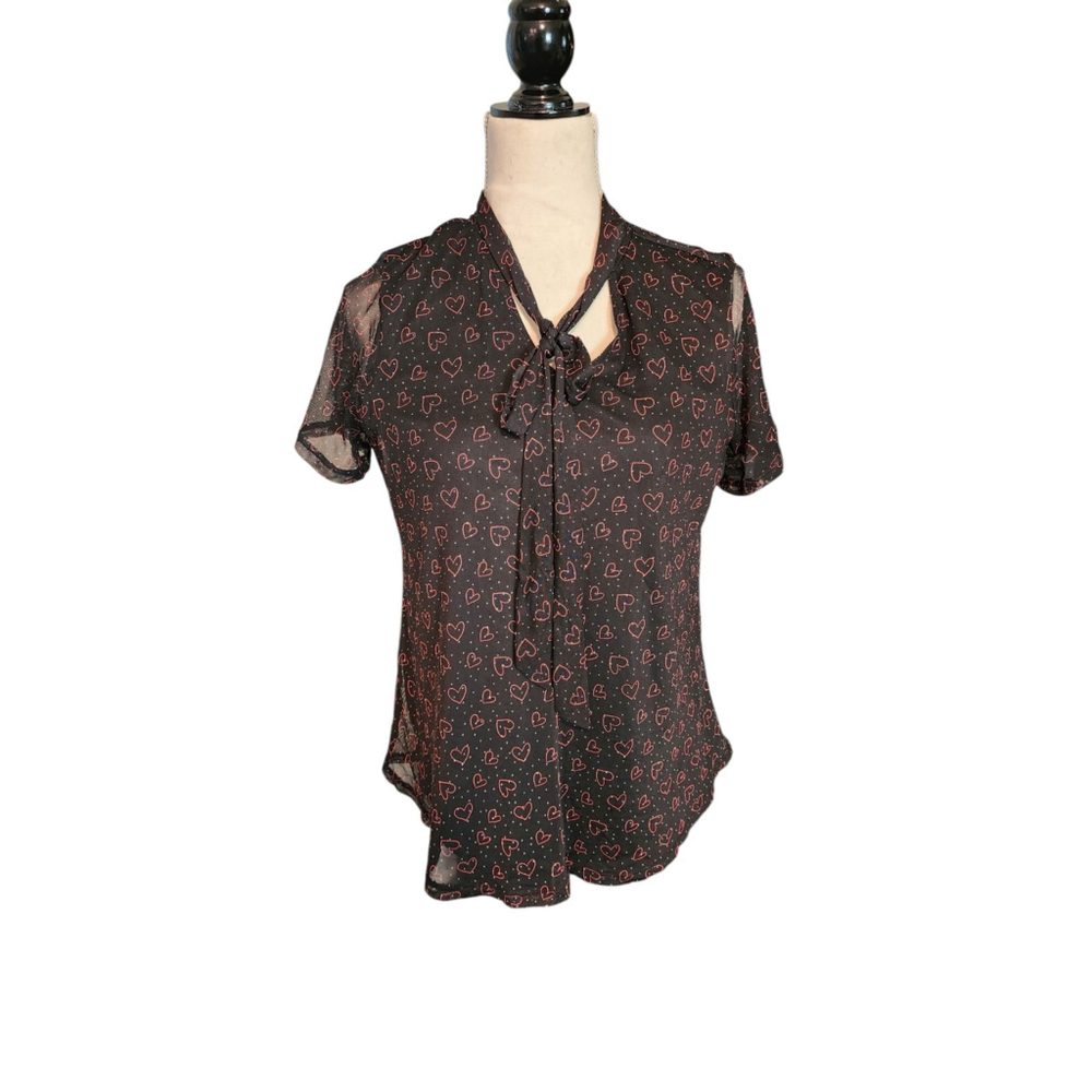 Cocomo Heart Print Sheer Sleeve V-Neck  Top Women's S Black & Red